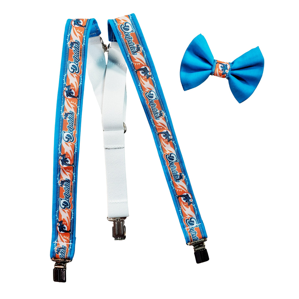 Miami Dolphins Suspenders and Bow Tie (or Hair Bow) - Dapper Xpressions
