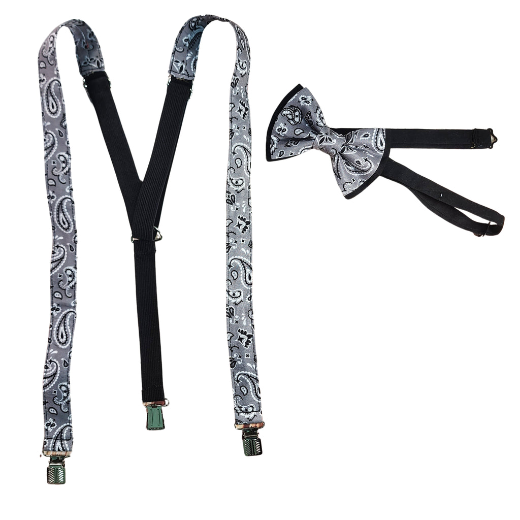 Gray Paisley Skinny Suspenders & Bows - Dapper Xpressions