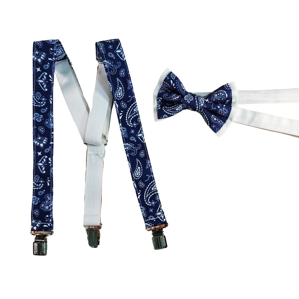 Navy Paisley Skinny Suspenders & Bows - Dapper Xpressions