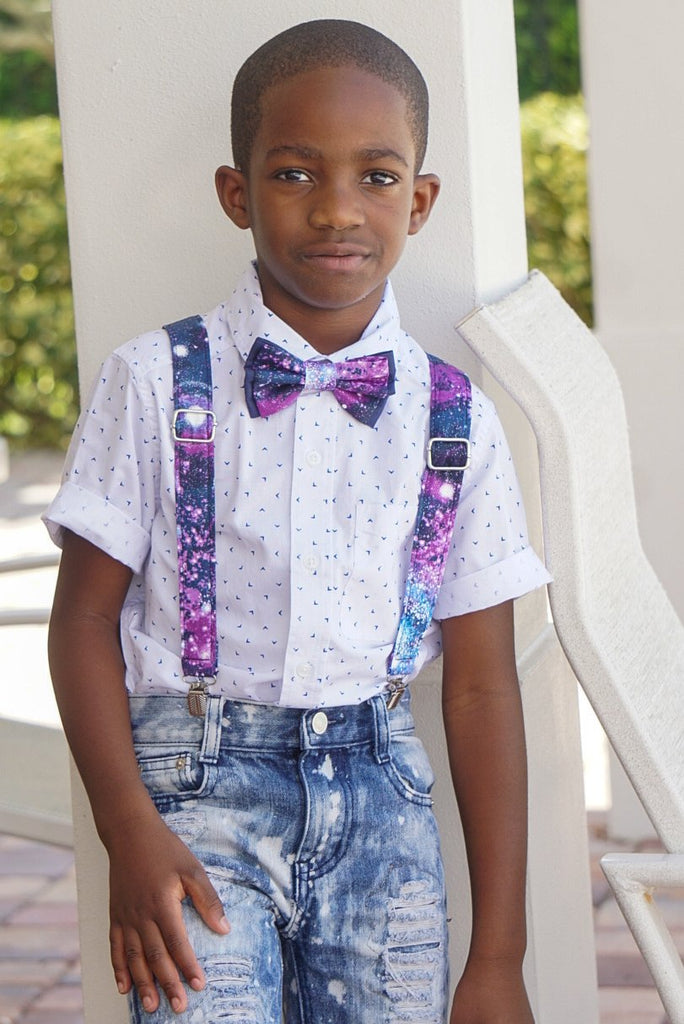 Glitter Galaxy Suspenders And Bow Tie (or Hair Bow) - Dapper Xpressions