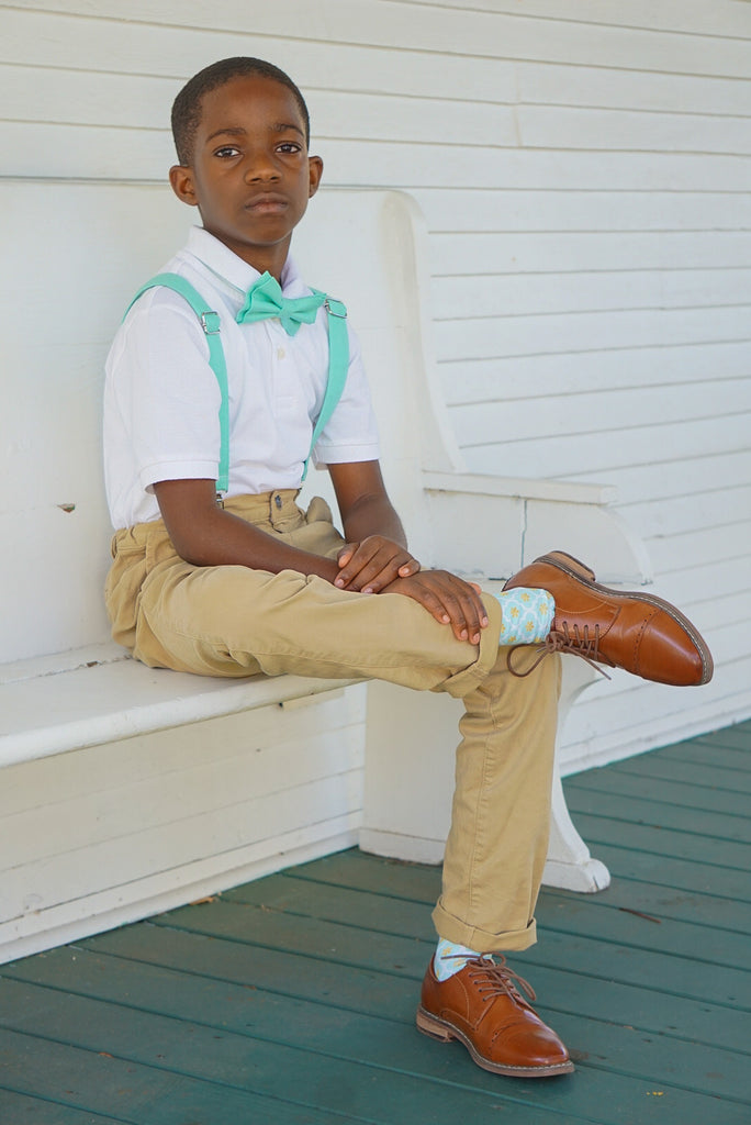 Mint Solid Suspenders With Optional Bow Tie (or Hairbow) - Dapper Xpressions